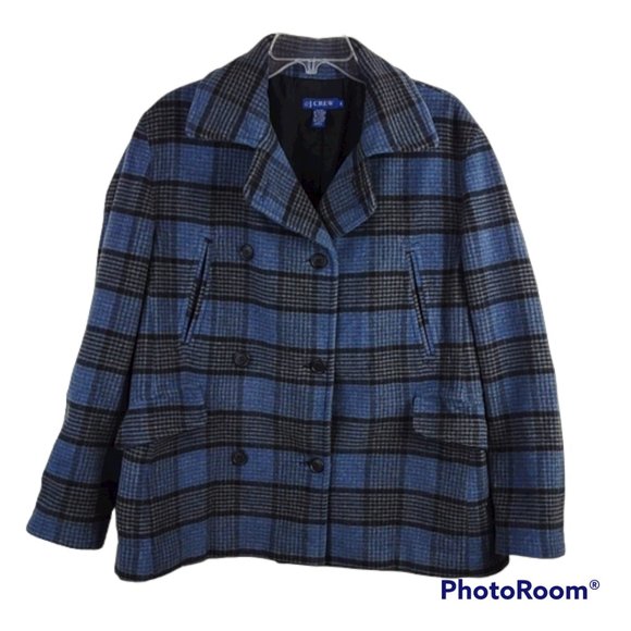 J. Crew Medium VTG Wool Cashmere Blend Blue Black Plaid Double Breasted Peacoat - Picture 1 of 10